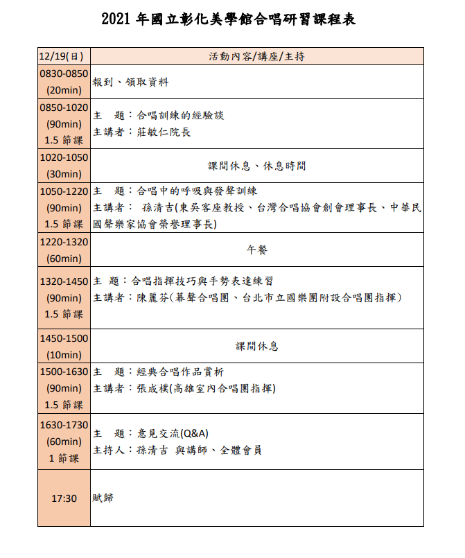 2021年國立彰化美學館合唱研習課程活動內容資訊