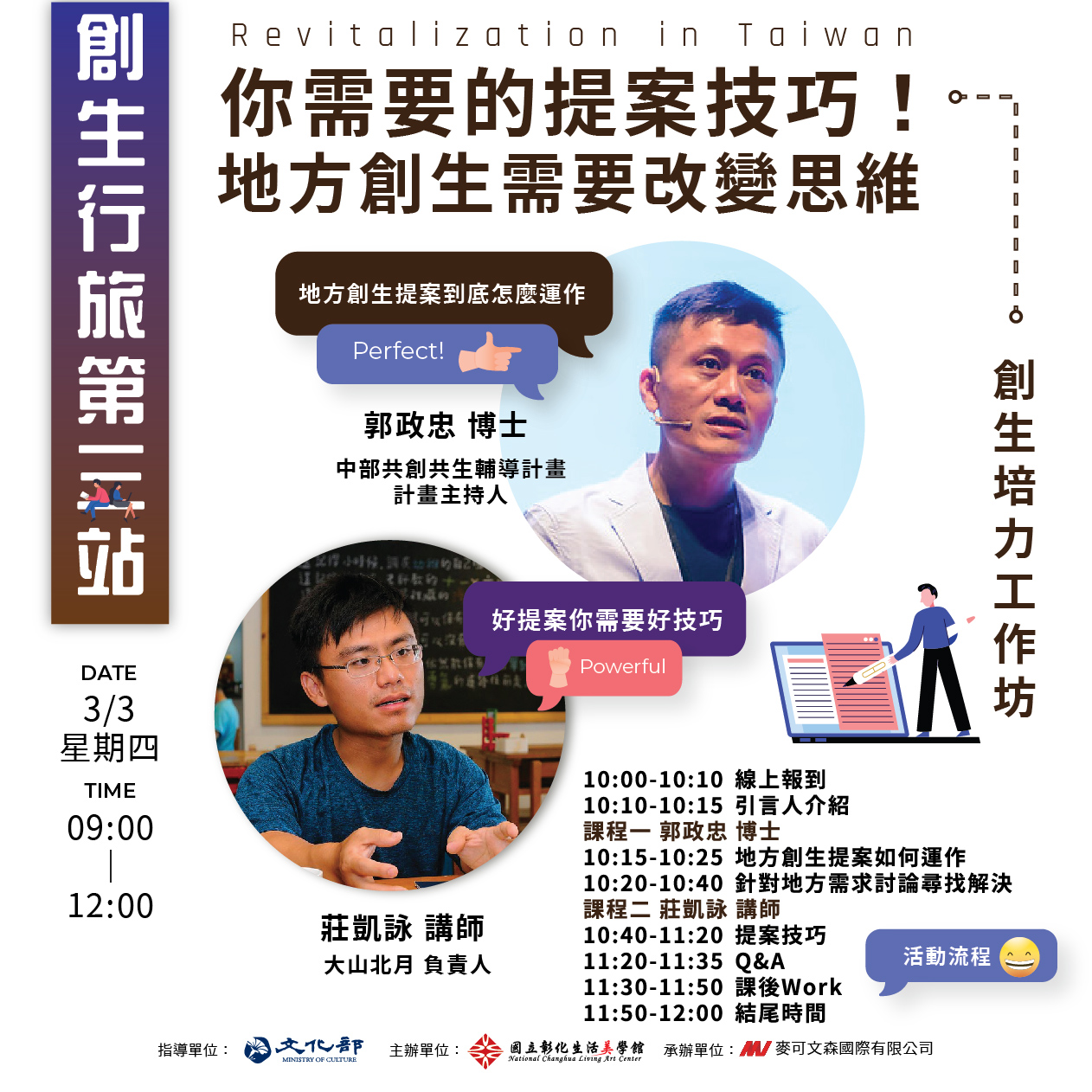 創生行旅 第三站【創生培力工作坊-第1課】,3月3日提供你需要的地方創生提案技巧活動內容資訊