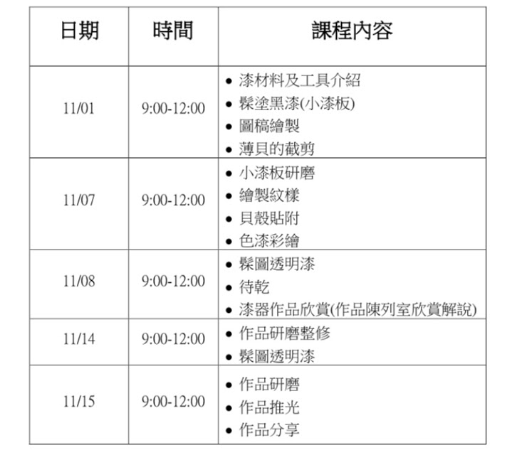 大師的手藝課-漆藝大師黃麗淑(人間國寶)報名須知內容